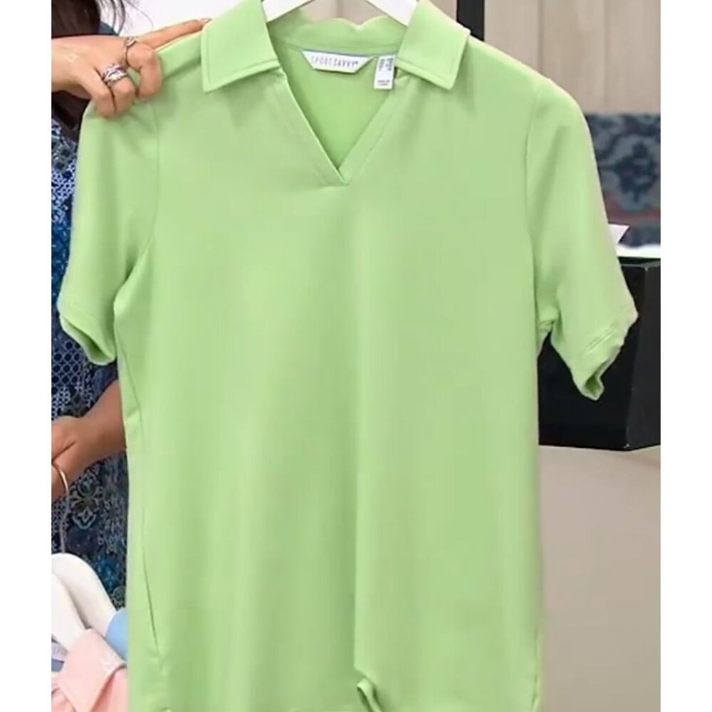 Sport Savvy Polo Size XXS French Terry V Neck Collar Short Sleeve Top Green Fig